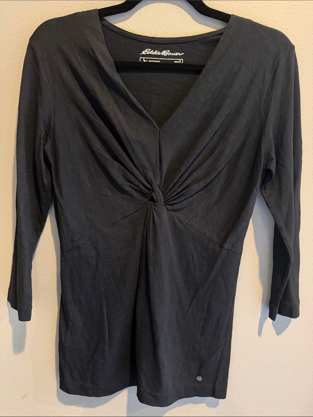 Eddie Bauer Black Twist-Knot 3/4 Sleeve V-Neck Top